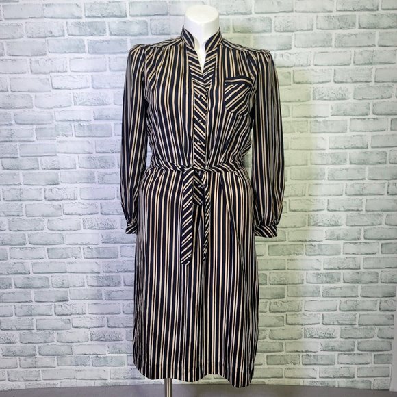 Vintage 70s Schrader‎ Sport Womens L Tan Navy Striped Long Sleeve Shirt Dress - Picture 1 of 11